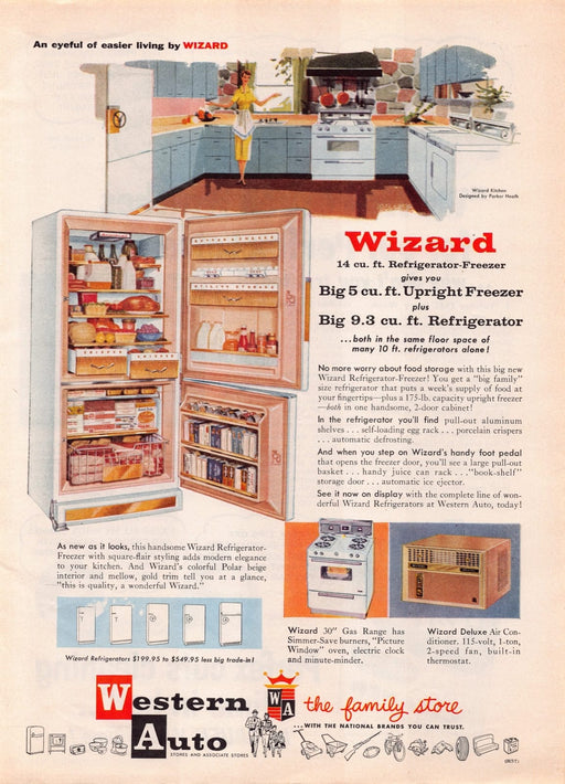 1950s Wizard Refrigerator Freezer Gas Range Appliance Print Advertisement 1957