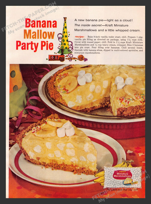 1960s Kraft Marshmallows Banana Mallow Party Pie Recipe Print Advertisement 1965