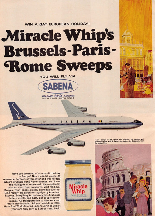 1960s Sabena Belgian World Airlines Plane Miracle Whip Print Advertisement 1965