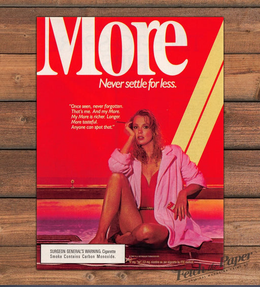 1987 More Cigarettes Blonde Beauty in Swimsuit Print Advertisement Ad