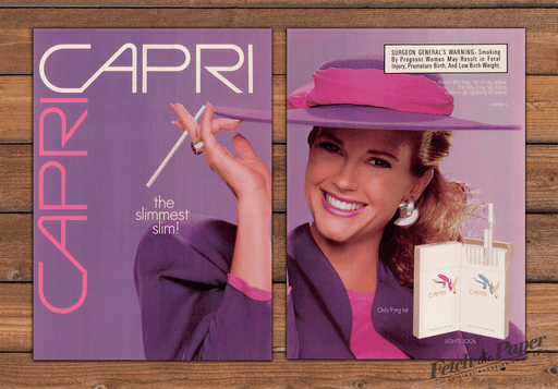 1989 Capri Slims Cigarettes Purple Sexy Print Advertisement (2 Pages)