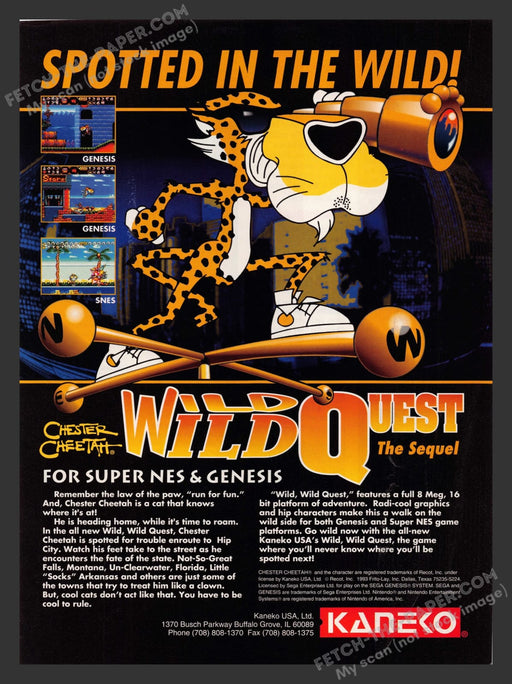 1990s Chester Cheetah Wild Quest Print Advertisement Video Game Ad 1993