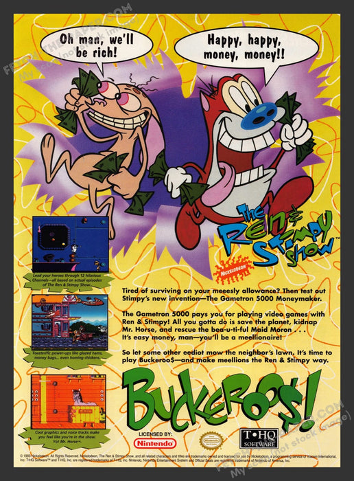 1990s The Ren & Stimpy Show Buckeroos! Print Advertisement Video Game Ad 1993