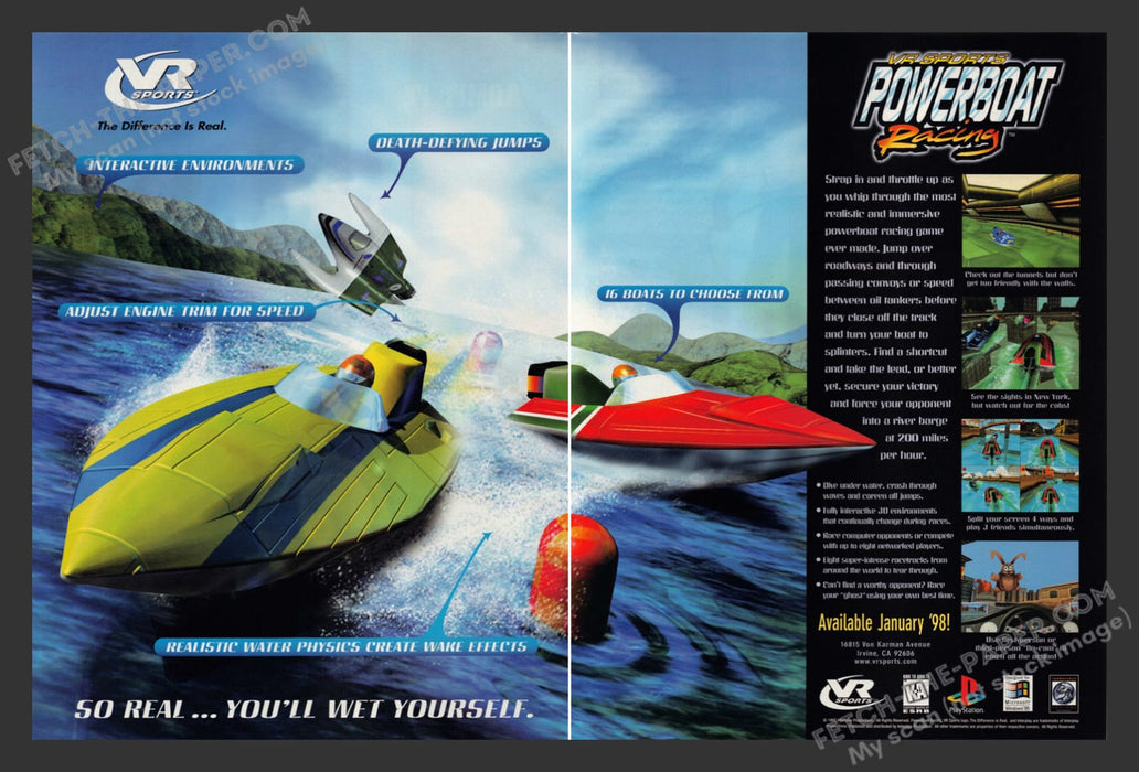1990s VR Sports Powerboat Racing Print Advertisement 2 Page Video Game Ad 1997