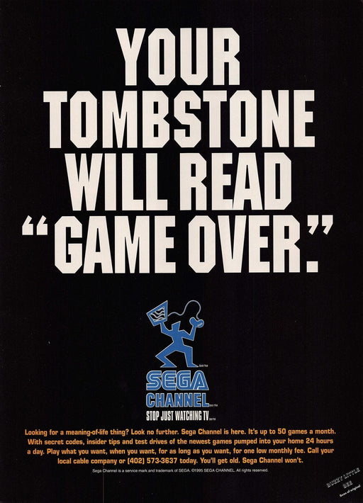1995 Print Advertisement Sega Channel "Game Over" Tombstone A539 Fetch-the-Paper