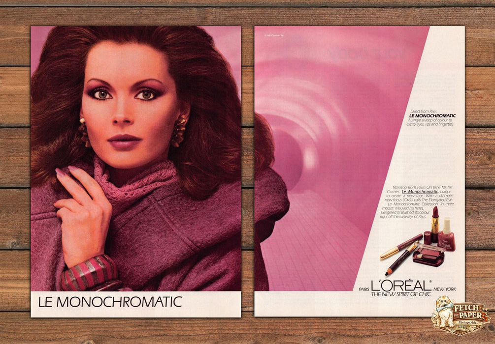 L'Oreal Le Monochromatic Mauved Makeup Paris Chic Print Ad 1981 1980s (2pgs)