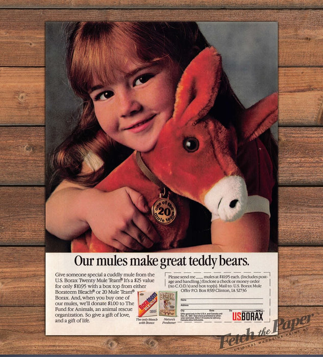 20 Mule Team Borax Plush Mule Girl Hugging Toy Print Ad 1986 1980s
