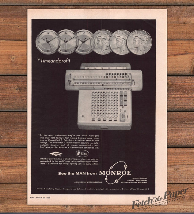 Monroe Monro-Matic Calculator Timeandprofit Clocks Dollars Print Ad 1959 1950s