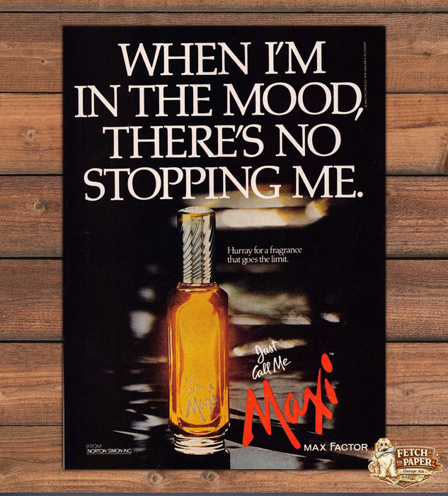 Max Factor Maxi When I'm In The Mood Fragrance Bottle Print Ad 1978 1970s
