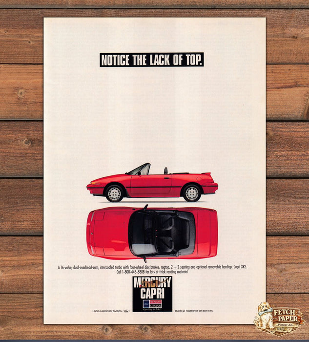 Mercury Capri XR2 Notice Lack Of Top Red Convertible Print Ad 1991 1990s