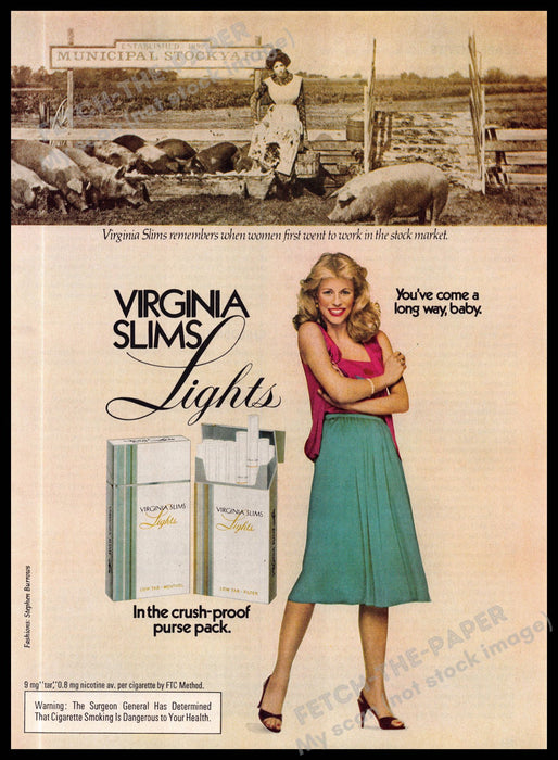 Virginia Slims Legs Stock Market Pigs Stockyard 1980s Magazine Print Ad 1981