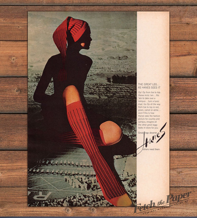 Hanes Knee Socks Red Great Leg Op Art Campus Hosiery Print Ad 1965 1960s