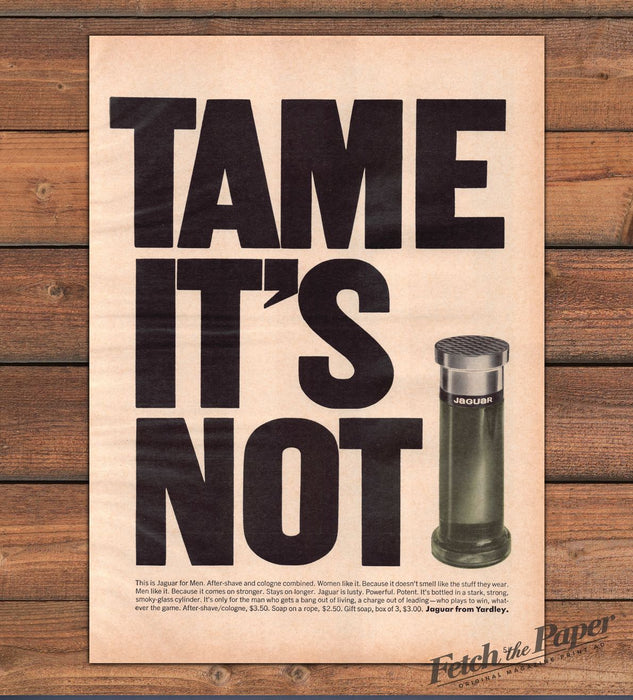 Yardley Jaguar for Men After-Shave Cologne Tame It's Not Print Ad 1965 1960s