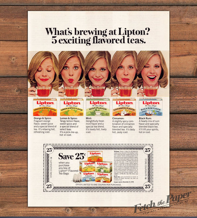 Lipton Flavored Tea Bags Five Faces Orange Spice Mint Rum Print Ad 1979 1970s