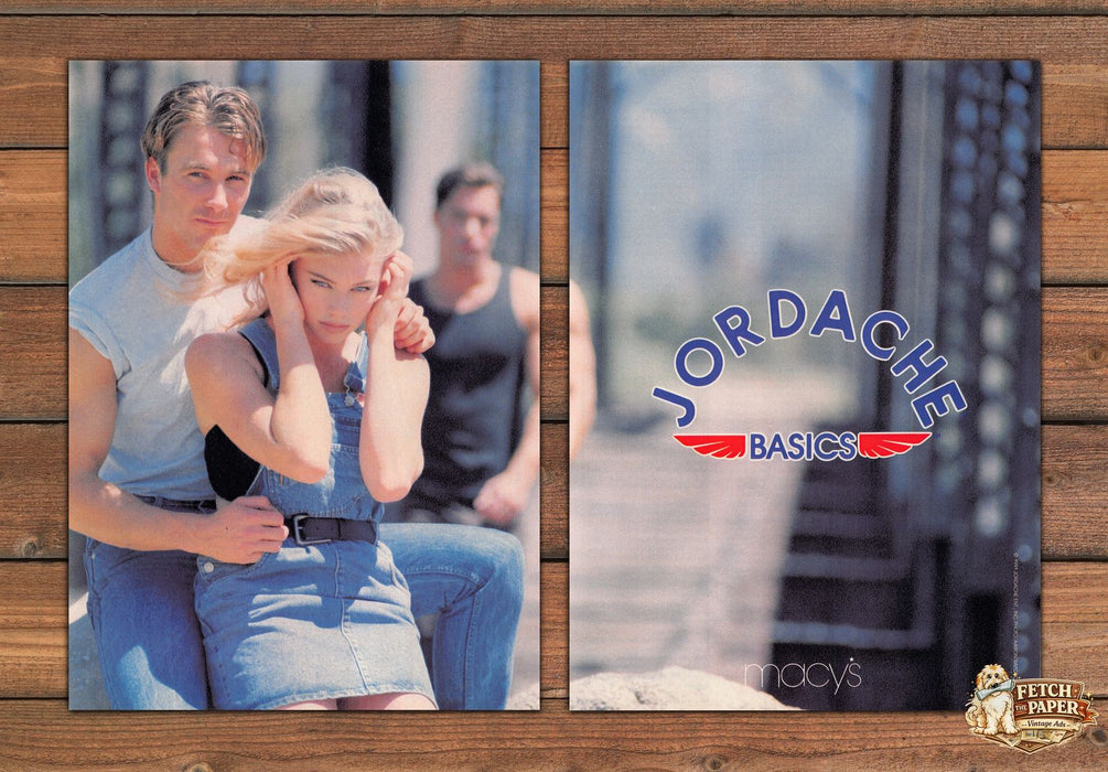 Jordache Basics Denim Overalls Macy's Blonde Couple Print Ad 1991 1990s (2 pgs)