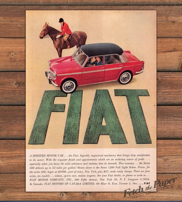 Fiat Series 1200 Sedan Red Car Horse Rider Woman Driving Print Ad 1959 1950s