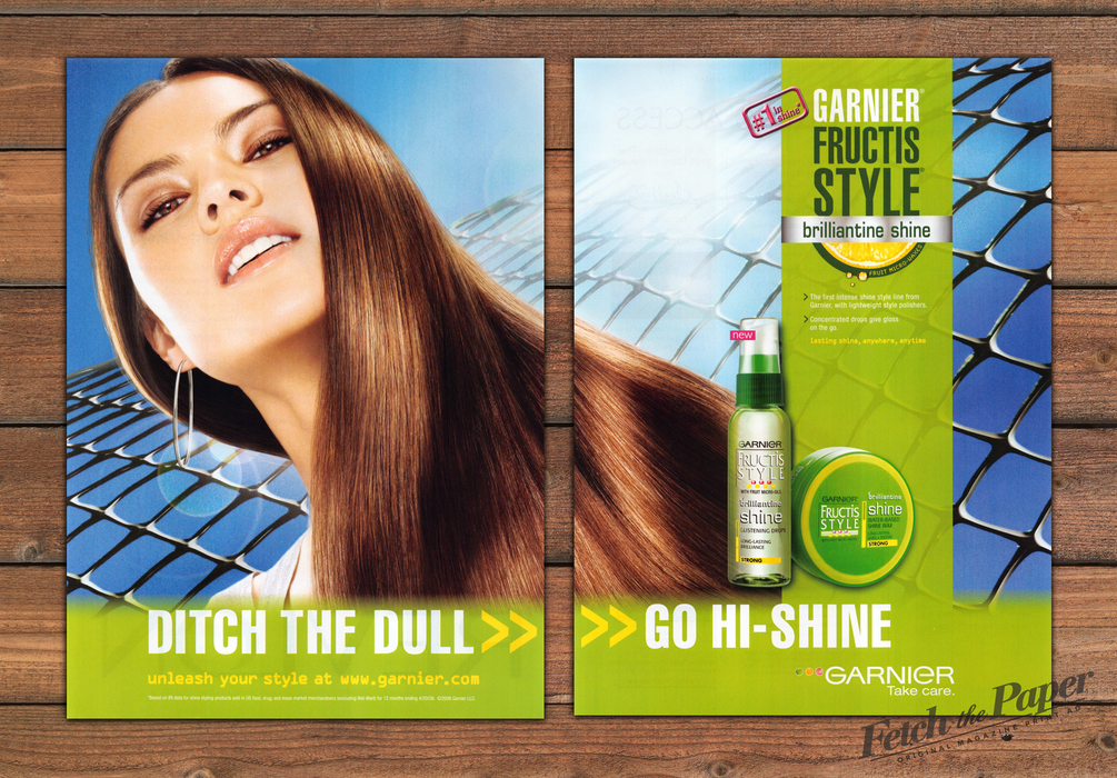 Garnier Fructis Style Brilliantine Shine Brown Hair Print Ad 2008 2000s (2pgs)