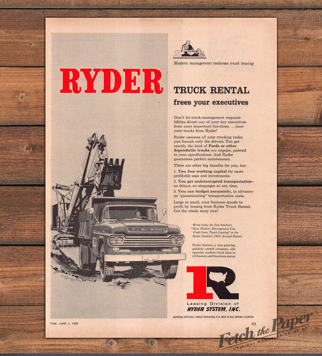 Ryder Truck Rental Ford Dump Truck Power Shovel Illustration Print Ad 1959 1950s