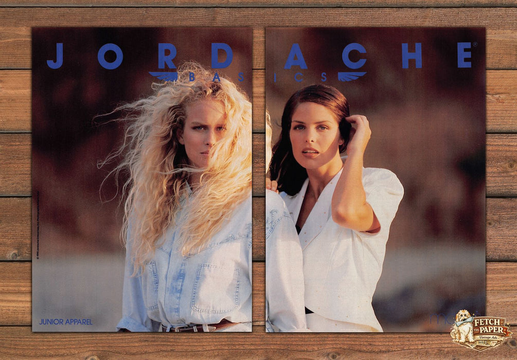 Jordache Basics Junior Apparel Windswept Hair Denim Print Ad 1990 1990s (2pgs)