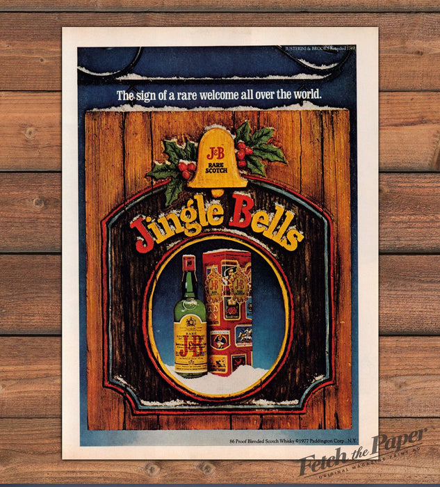 J&B Rare Scotch Whisky Jingle Bells Christmas Gift Sign Print Ad 1977 1970s