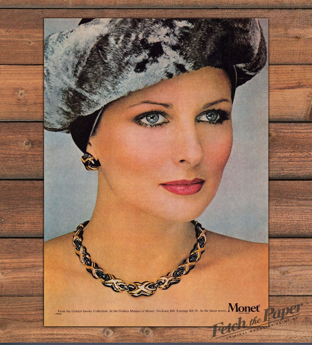 Monet Golden Smoke Necklace Earrings Fur Hat Woman Print Ad 1980 1980s