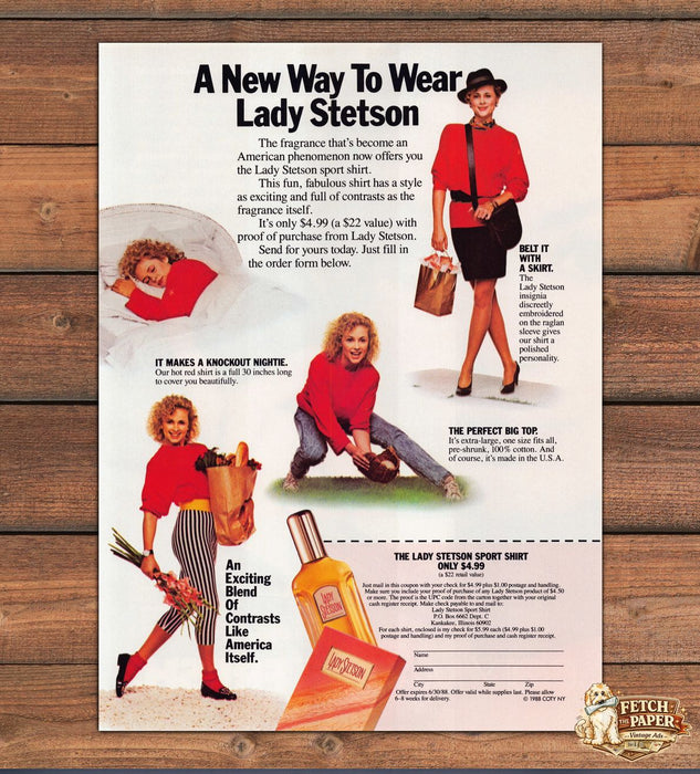 Lady Stetson Fragrance Red Sport Shirt Mail-In Offer Print Ad 1988 1980s
