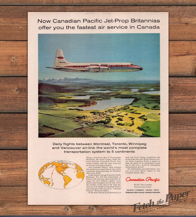 Canadian Pacific Jet-Prop Britannia Fastest Air Service Print Ad 1959 1950s