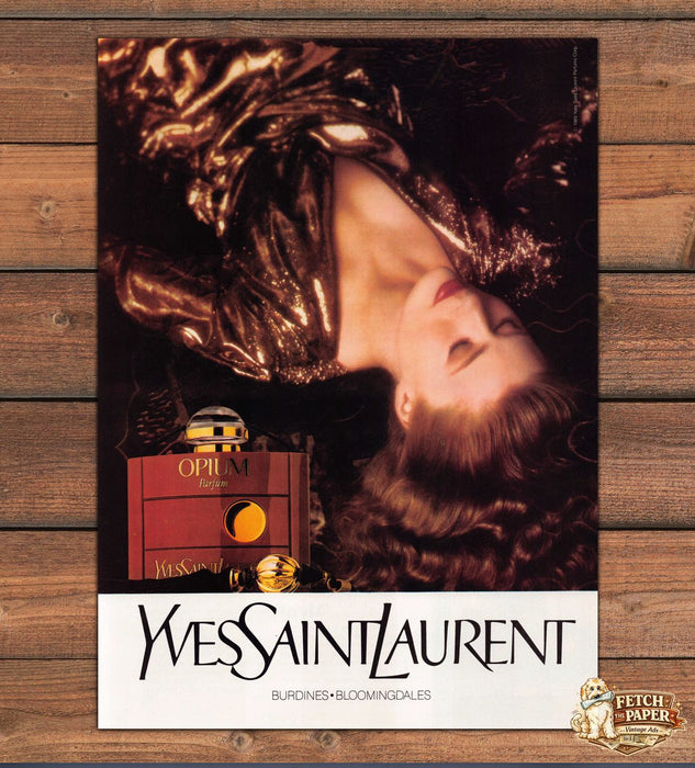 Yves Saint Laurent Opium Perfume Reclining Gold Fabric Print Ad 1989 1980s