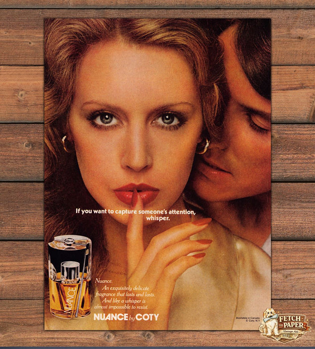Nuance by Coty Whisper Capture Attention Close Up Couple Print Ad 1978 1970s