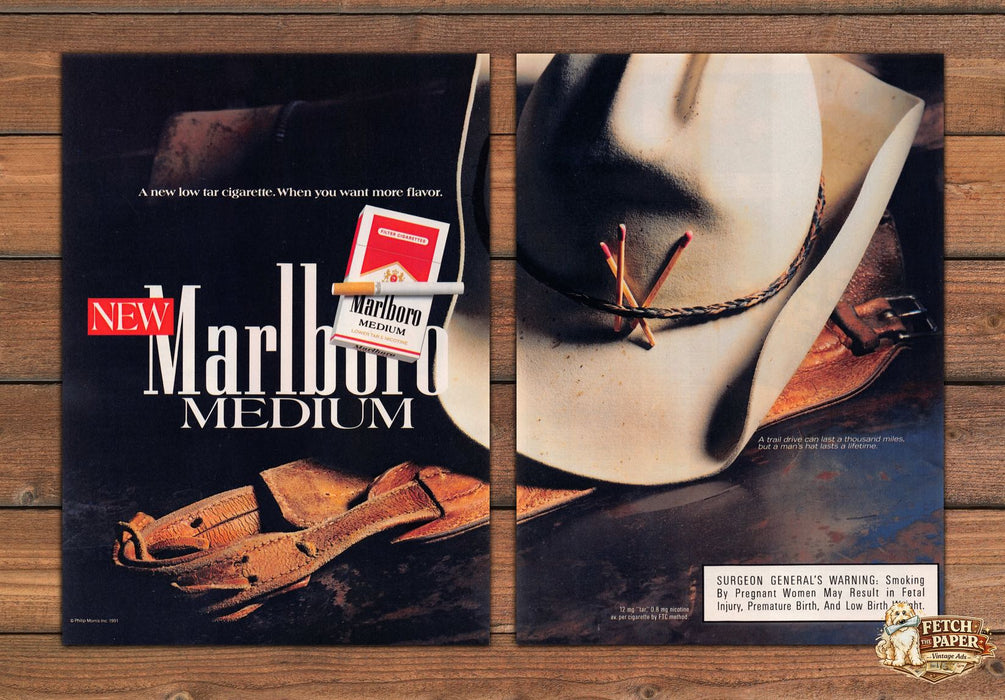 Marlboro Medium New Low Tar Cowboy Hat Boots Matches Print Ad 1991 1990s (2 pg)
