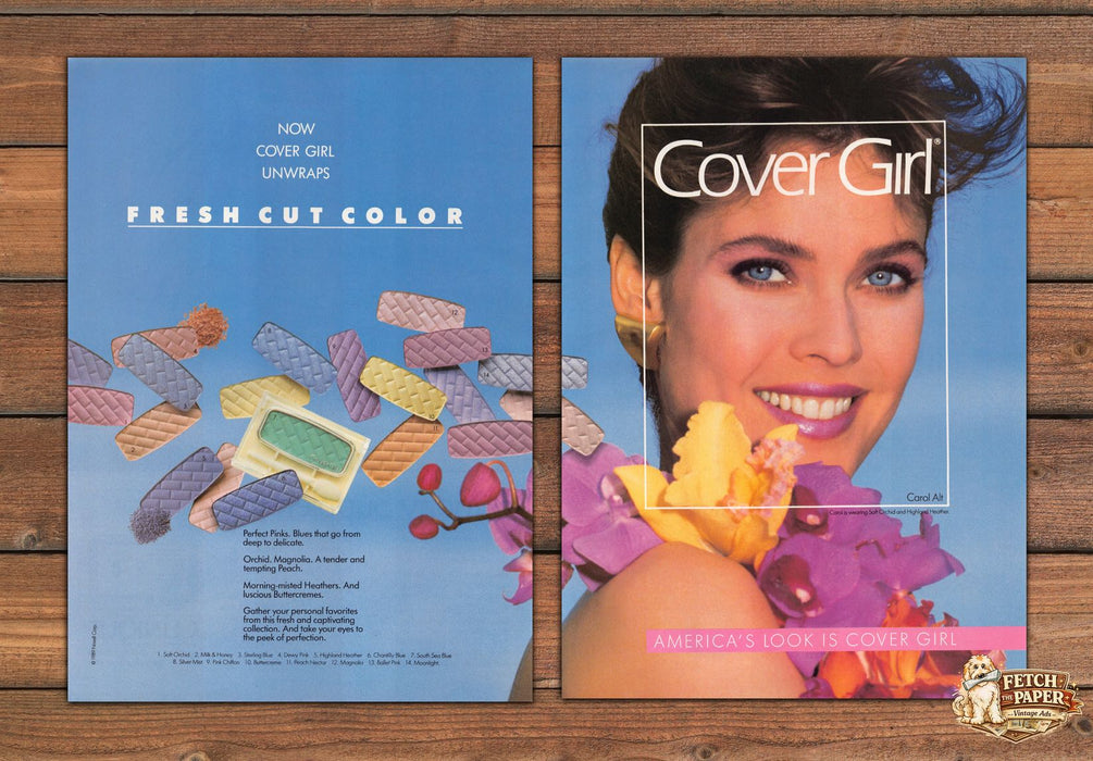 Cover Girl Fresh Cut Color Eyeshadow Carol Alt Print Ad 1989 1980s (2 pgs)