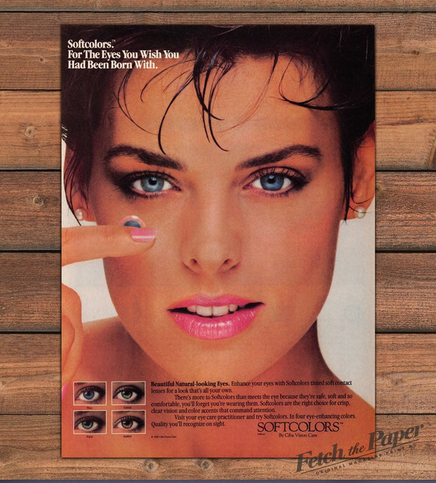 Softcolors Contact Lenses Blue Eyes Brunette Pink Lips Print Ad 1985 1980s