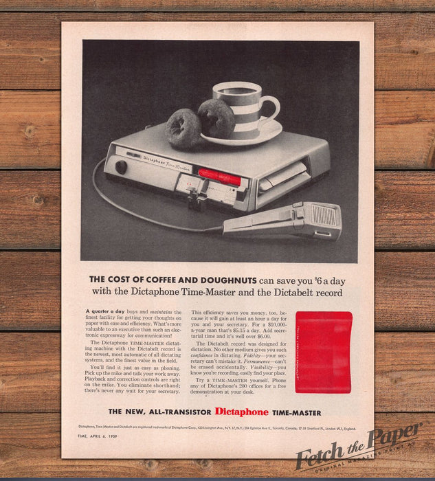 Dictaphone Time-Master Dictabelt Coffee Doughnuts Dictating Print Ad 1959 1950s