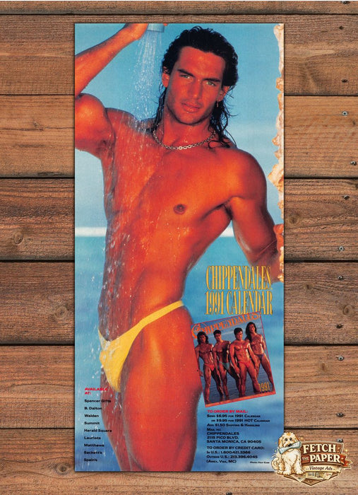 Chippendales Bare Chest Wet Hair Shower Yellow Thong Print Ad 1990 1990s