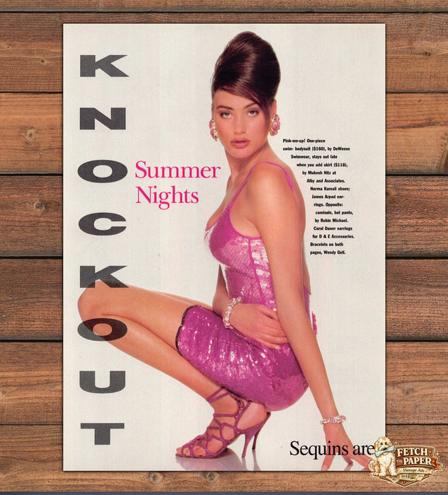 Knockout Summer Nights Pink Sequin Dress Crouching Pose Legs Print Ad 1991 1990s