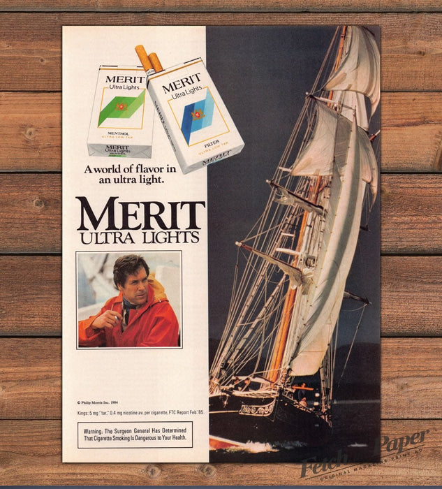 Merit Ultra Lights Tall Ship Sailor Orange Slicker Print Ad 1985 1980s