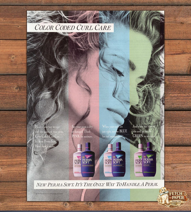Perma Soft Color Coded Curl Care Pink Blue Green Shampoo Print Ad 1991 1990s
