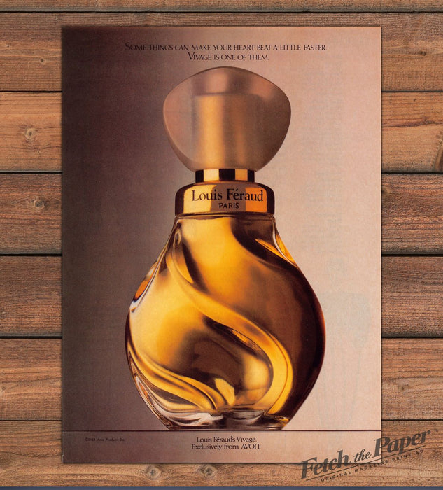 Louis Feraud Vivage Perfume Bottle Gold Avon Print Ad 1985 1980s