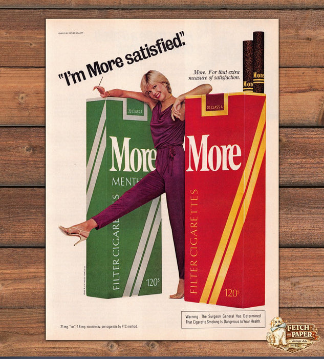 More Menthol "I'M More Satisfied" Blonde Long Legs 1980s Magazine Print Ad 1981
