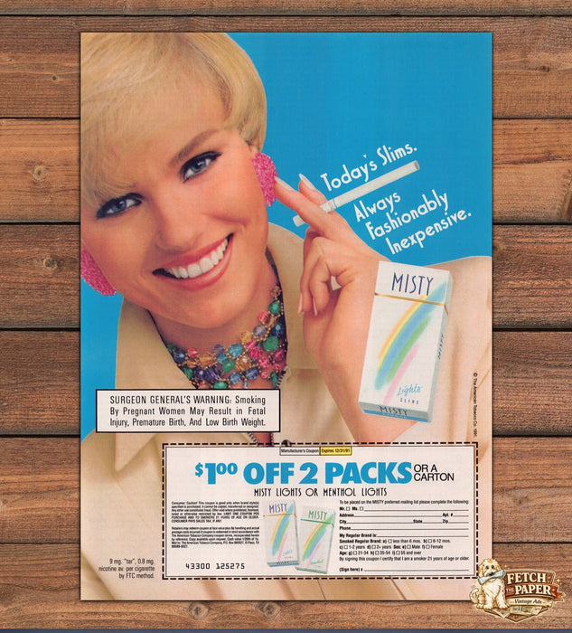 Misty Lights Slims Fashionably Inexpensive Blonde Print Ad 1991 1990s