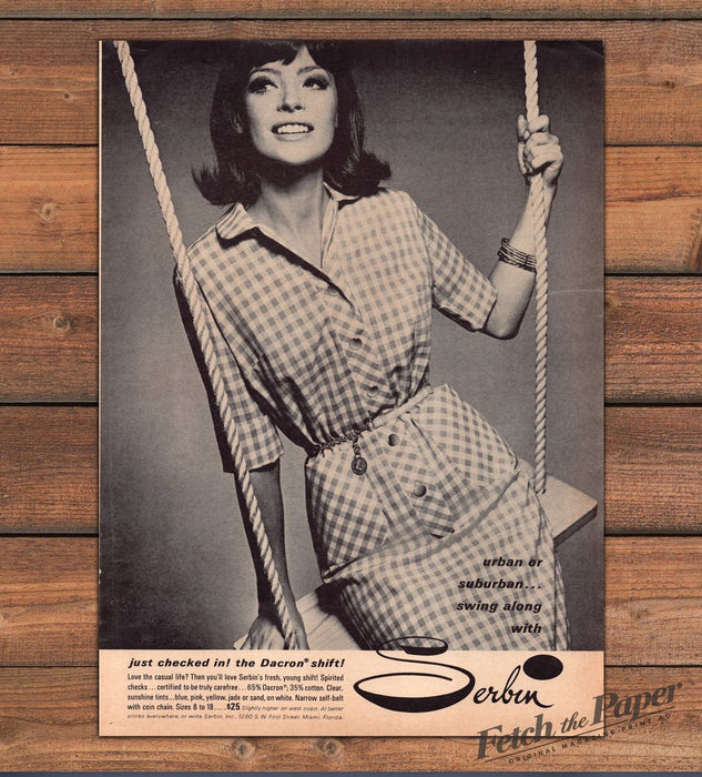 Serbin Dacron Checked Shift Dress Woman Rope Swing Gingham Print Ad 1965 1960s