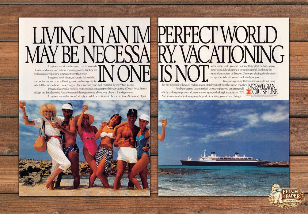 Norwegian Cruise Line Beach Group Bikinis Cruise Ship Print Ad 1988 1980s (2pgs)