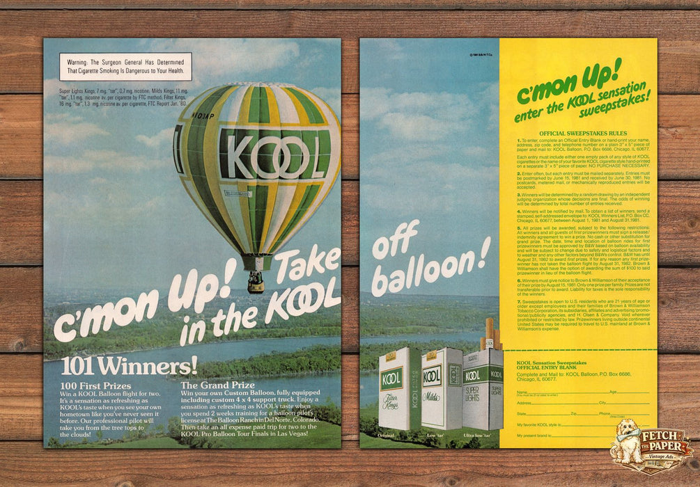 Kool Cmon Up Balloon Sweepstakes Cigarettes Print Ad 1981 1980s (2 pgs)
