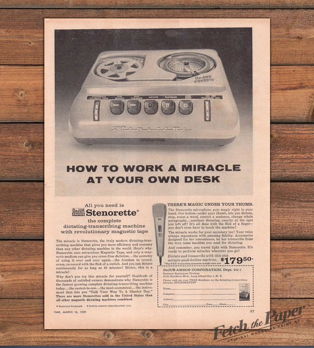 DeJur-Grundig Stenorette Dictating Machine Work A Miracle Print Ad 1959 1950s