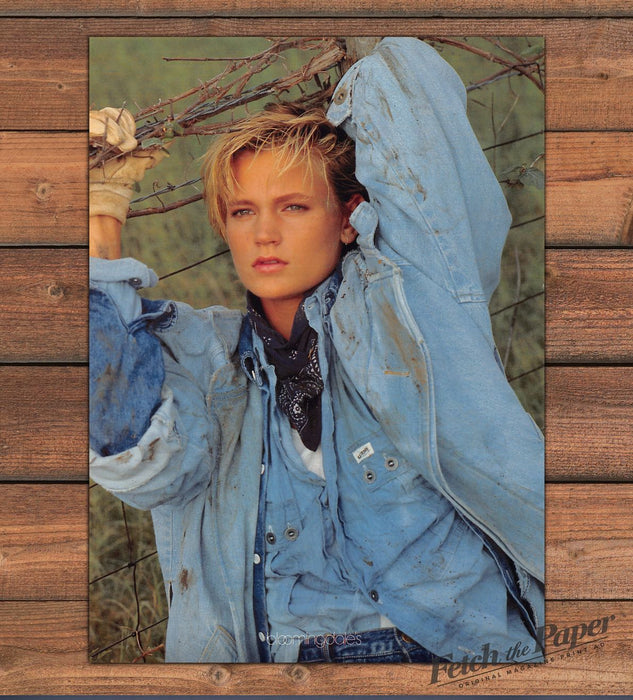 Guess Jeans Blonde Spiky Hair Model Denim Jacket Bandana Print Ad 1985 1980s