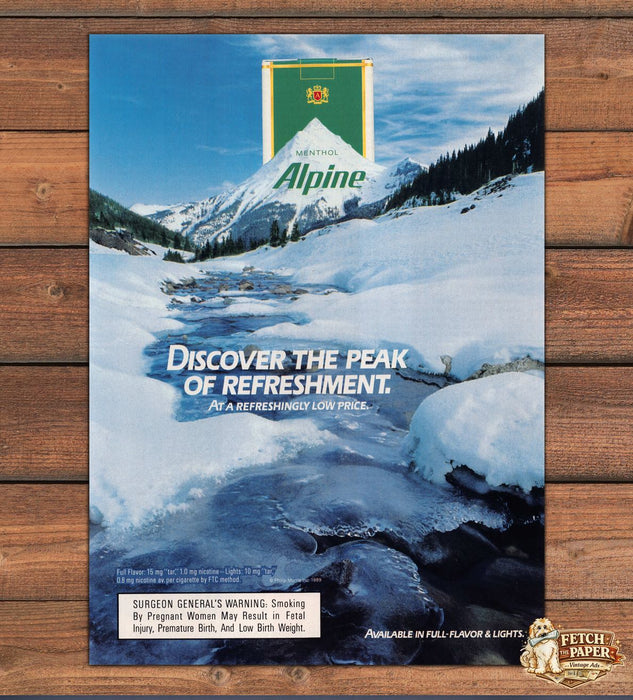 Alpine Menthol Cigarettes Peak Refreshment Snowy Mountain Print Ad 1989 1980s
