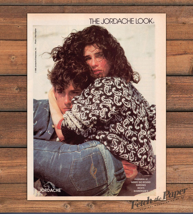 Jordache Look Couple Beach Paisley Sweater Jeans Curly Hair Print Ad 1985 1980s