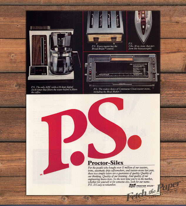 Proctor Silex P.S. Coffee Maker Toaster Iron Appliances Print Ad 1980 1980s