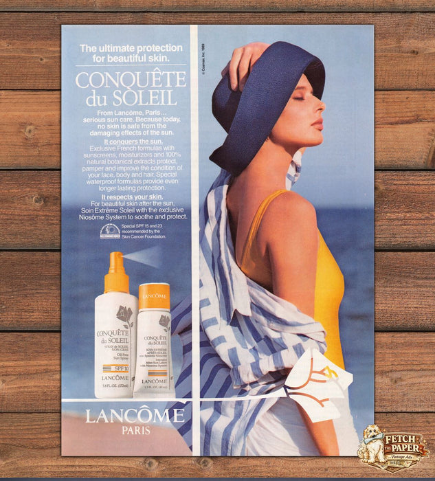 Lancome Conquete du Soleil Sun Care Blue Hat Beach Print Ad 1989 1980s