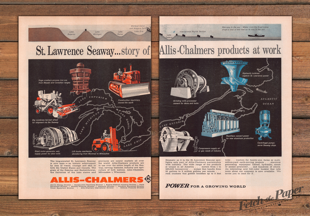 Allis-Chalmers St. Lawrence Seaway Great Lakes Map Print Ad 1959 1950s (2pgs)